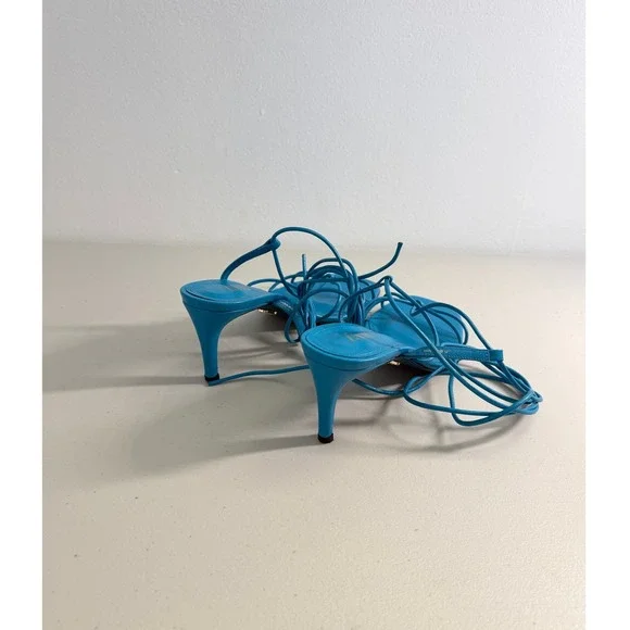 Zara Blue Leather Strappy Lace Up Square Toe Stiletto Heeled Sandals 39 8 - Picture 5 of 9